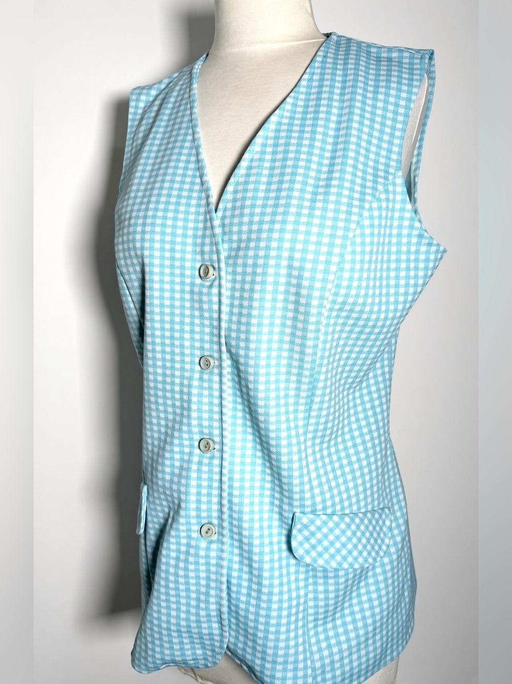 Vintage 70s Queen Casuals Aqua Gingham Vest 18 XL